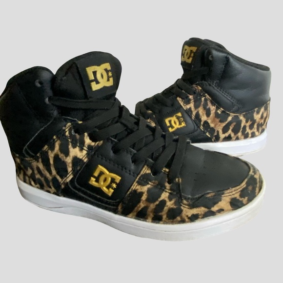 Kids DC Cure High Top Skate Black/Leopard Leather Top Shoes-Sz-3 - Picture 1 of 15